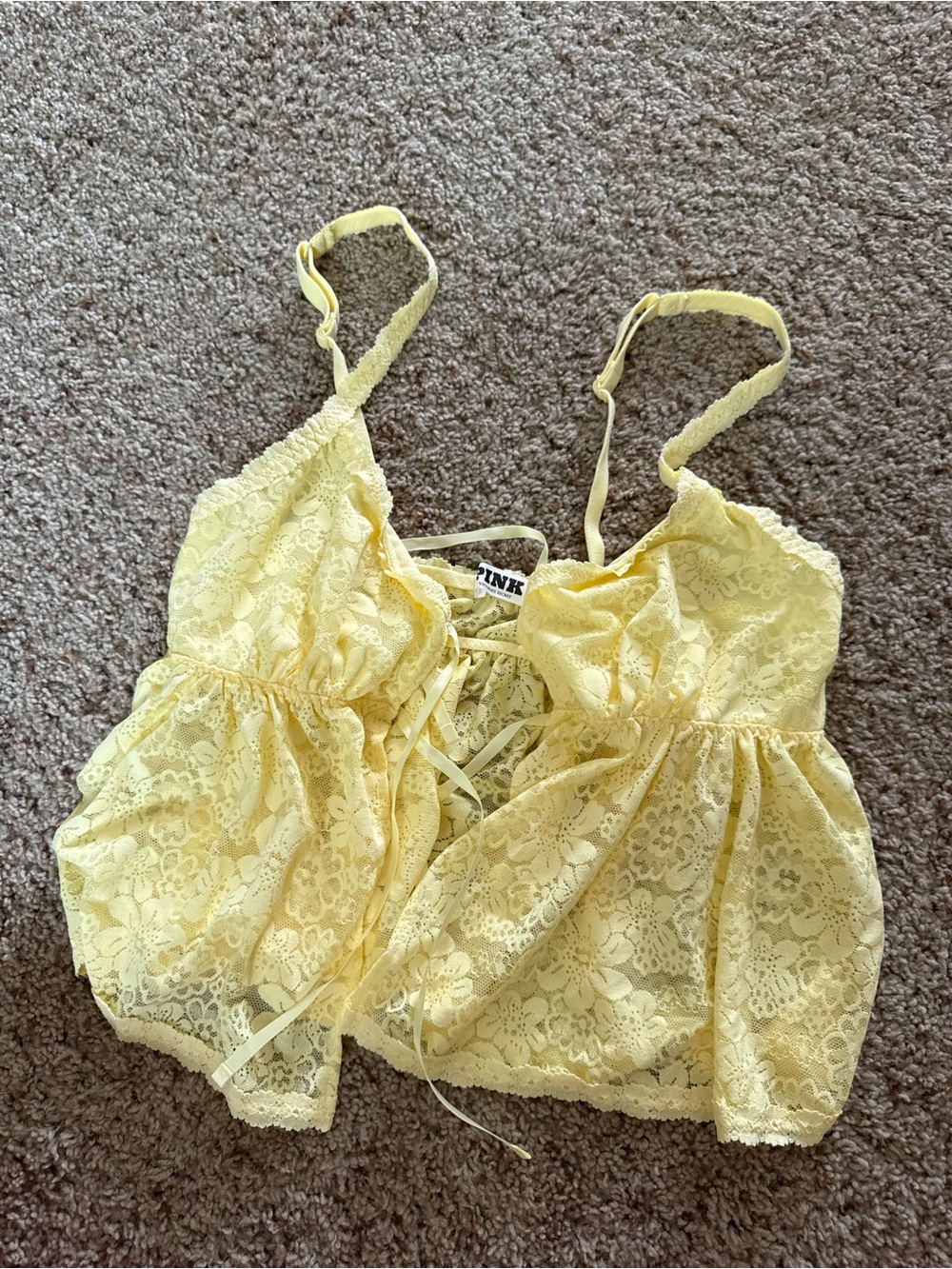 PINK Victoria’s Secret Yellow Lace Babydoll Cami Top Lace Up Back Floral Lace